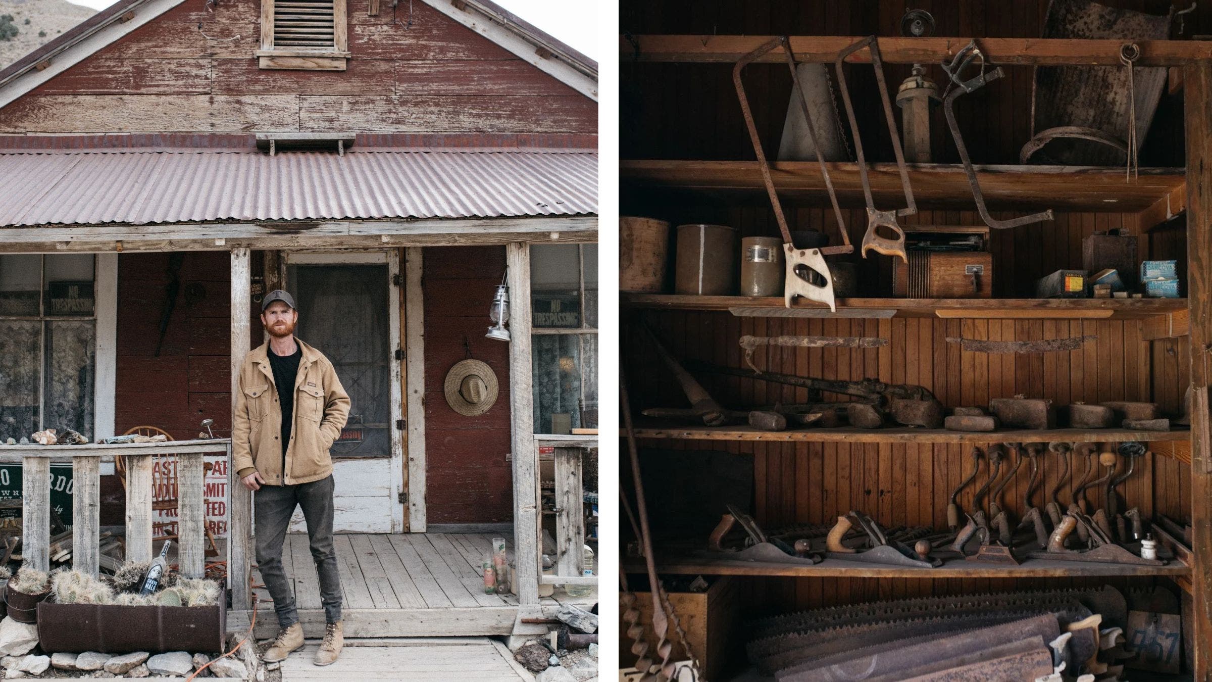 Left: The author poses in Cerro Gordo; right: antique tools of the ghost town